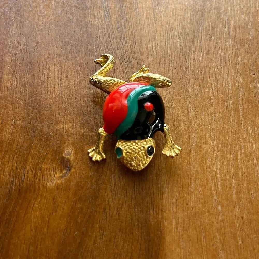 Vintage Enamel Frog Brooch | Gold Tone Multicolor Figural Pin Retro Jewelry